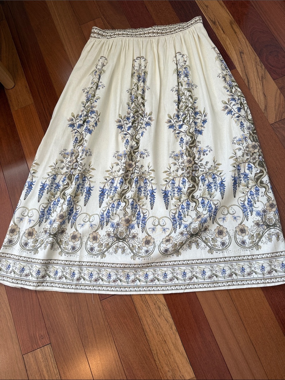 Max Studio Cream Maxi Skirt with Blue and Brown Floral Border